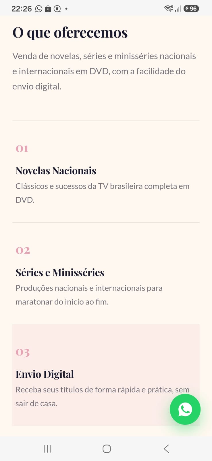 Captura de tela da seção de serviços do site Claudio Novelas